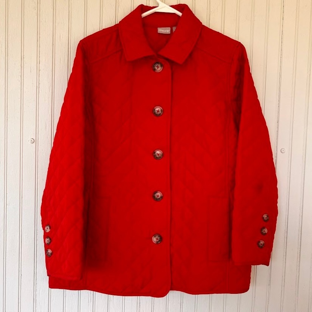 Chicos Red Quilted Jacket Womens Size 2 Large Button Front‎ Diamond Coat Pocket